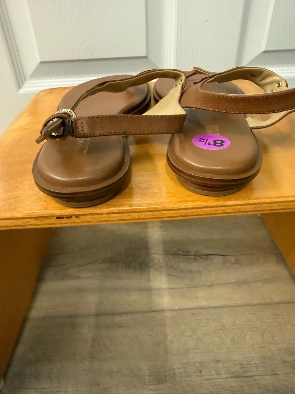 Michael Kors Brown Leather T-Strap Sandals with Gold Accents
